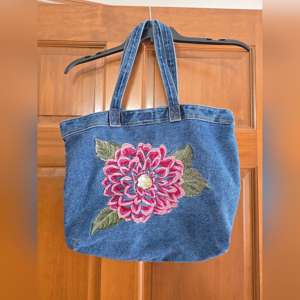 DG2 by Diane Gilman Blue Denim Tote with Pink Floral Embroidery